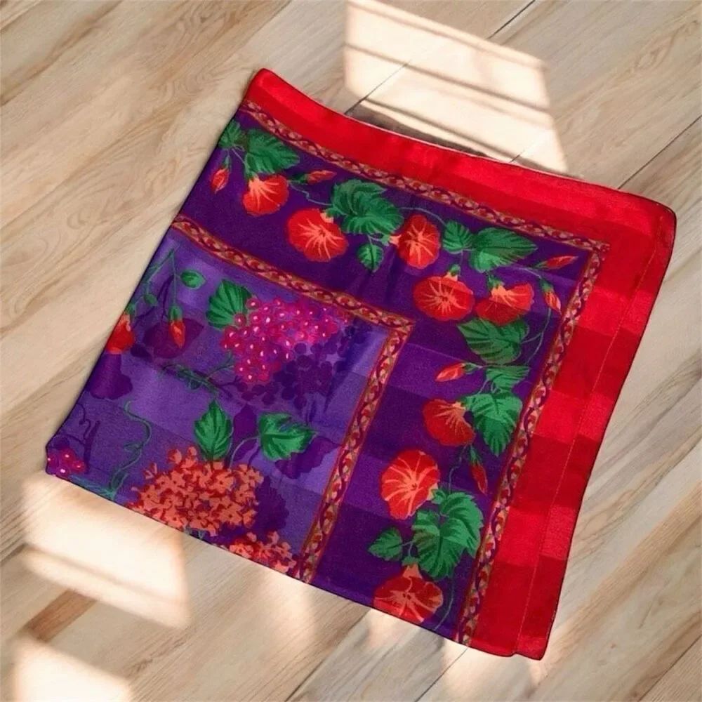Vintage Red Purple Strip Fruit Grapes Apple Floral Scarf Square Embossed